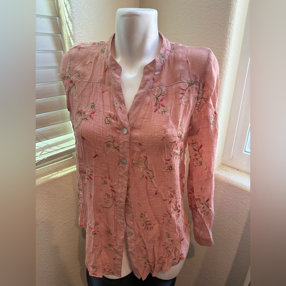 Anthropologie Fig & Flower Pink Embroidered Blouse Boho Tunic.